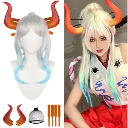 IMEYLE Yamato - Juego de 4 pelucas de cosplay para mujer (+ cuernos + palos) plateado, blanco, azul, verde, ombré, peluca larga