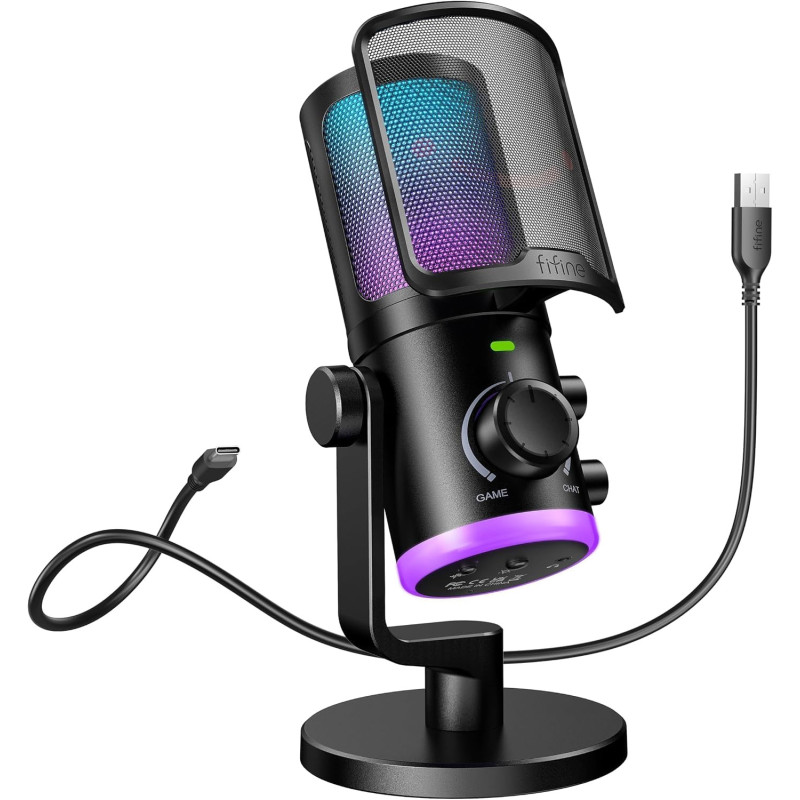 FIFINE - Micrófono de PC para juegos | Microfono con equilibrio de sonido de chat de juego