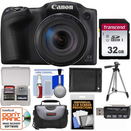 Canon PowerShot SX420 es una cámara digital Wi-Fi (negro) con tarjeta de 32 GB + funda + batería + trípode + kit (renovado)
