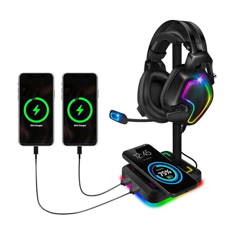 Soporte para auriculares con cargador inalámbrico | Soporte de auriculares con carga inalambrica o con cable para accesorios