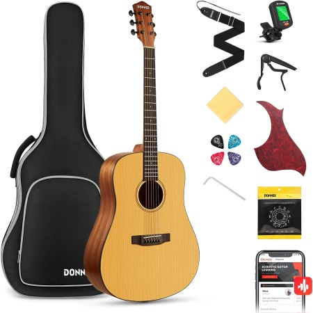 Donner guitarra acústica dreadnought para adultos principiantes, de tamaño estándar, con funda, correa, afinador, cejilla,