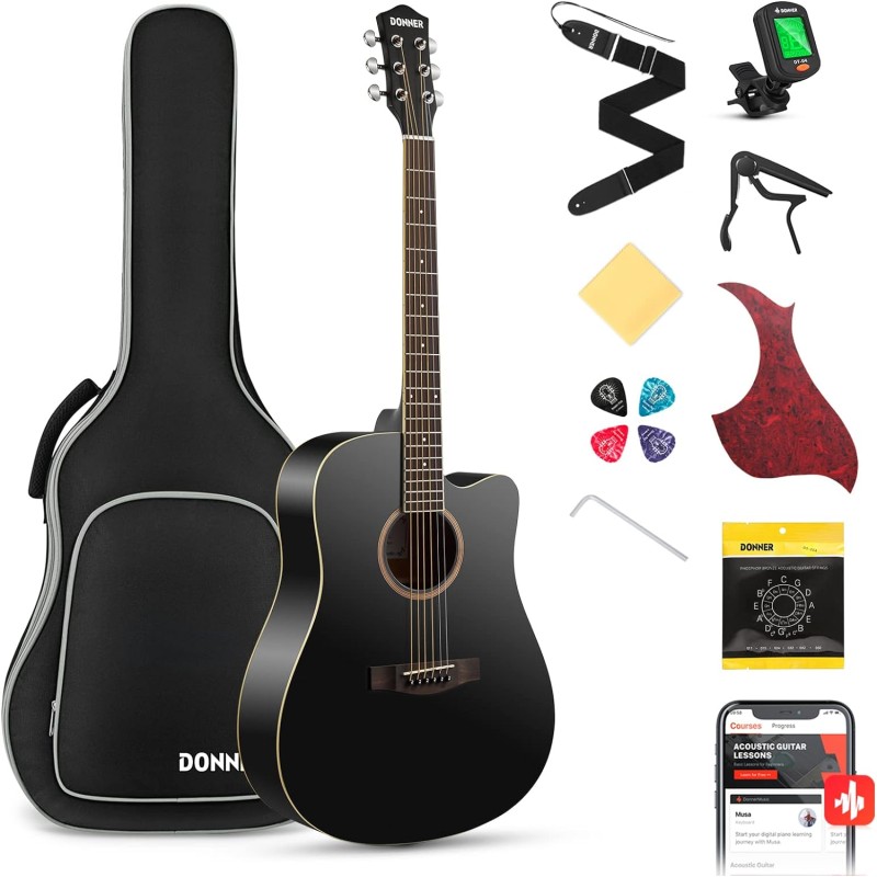 Donner guitarra acústica dreadnought para adultos principiantes, de tamaño estándar, con funda, correa, afinador, cejilla,