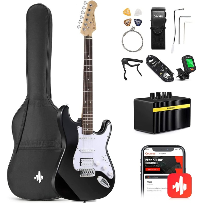 Donner DST-102 - Kit de guitarra eléctrica de 39 pulgadas, con amplificador, bolsa, capo, correa, cuerda, sintonizador, cable,