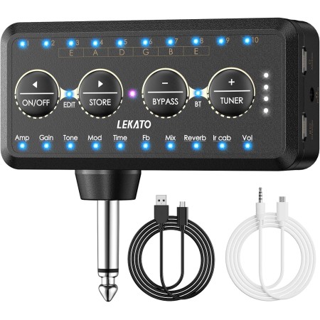 LEKATO Amplificador de auriculares para guitarra, mini amplificador de guitarra con 10 ajustes preestablecidos, modelos de 10