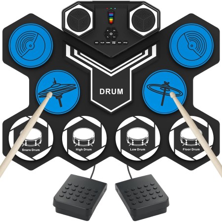 Juego de batería eléctrica, 9 tambores portátil, kit de batería electrónica con altavoces integrados, baquetas, conector para