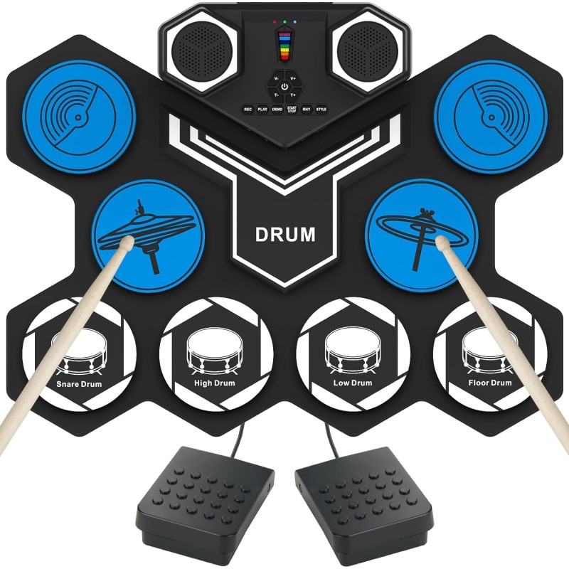 Juego de batería eléctrica, 9 tambores portátil, kit de batería electrónica con altavoces integrados, baquetas, conector para