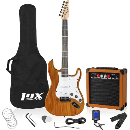 Kit de guitarra eléctrica con amplificador de 20W, todos los accesorios, sintonizador digital de broche, seis cuerdas, dos uñas