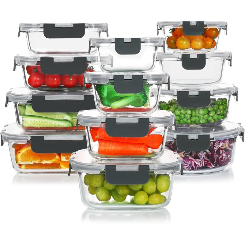 KOMUEE Juego de 24 recipientes de vidrio para almacenamiento de alimentos