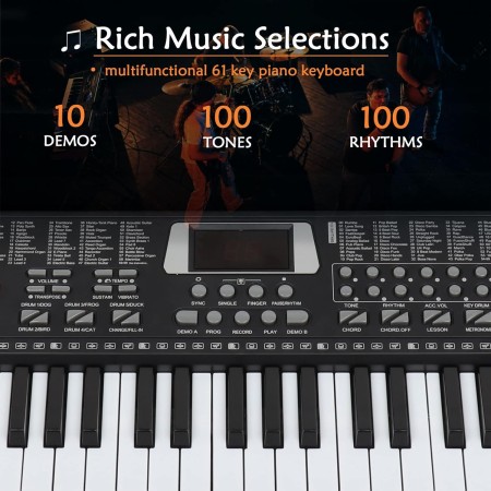 Teclado de piano de 61 teclas, piano digital electrónico con micrófono de altavoz integrado, soporte para hojas y fuente de