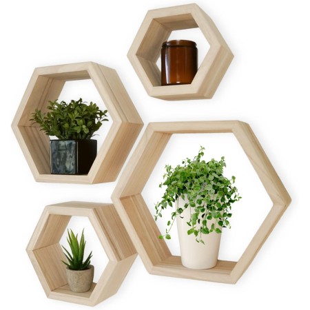 Estantes hexagonales flotantes de madera natural de primera calidad, juego de 4 estantes de pared para dormitorio, oficina, sala