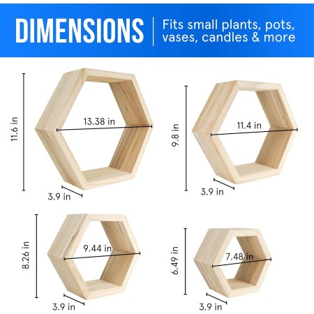 Estantes hexagonales flotantes de madera natural de primera calidad, juego de 4 estantes de pared para dormitorio, oficina, sala