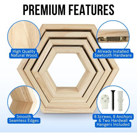 Estantes hexagonales flotantes de madera natural de primera calidad, juego de 4 estantes de pared para dormitorio, oficina, sala