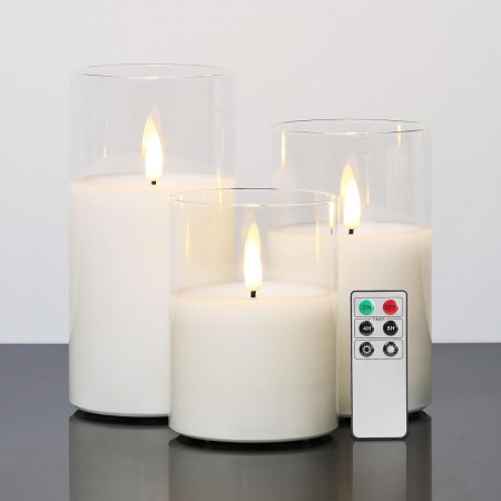 Eywamage Velas de cristal sin llama con control remoto, funciona con pilas, velas LED parpadeantes, mecha de cera real, paquete