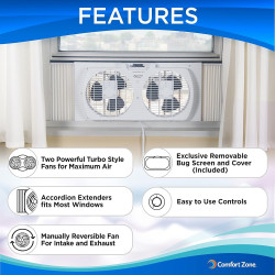 Comfort Zone Ventilador de ventana doble de 9 pulgadas con control de flujo de aire reversible