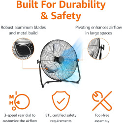 AmazonCommercial - Ventilador industrial de alta velocidad de 20 pulgadas, color negro