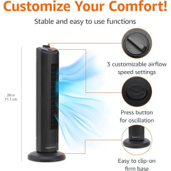 Amazon Basics Ventilador de torre oscilante de 60 grados de 28 pulgadas para dormitorio
