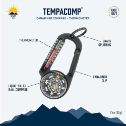 Sun Company TempaComp - Mosquetón de brújula de bola y termómetro | Mosqueton 3 en 1 para viajes