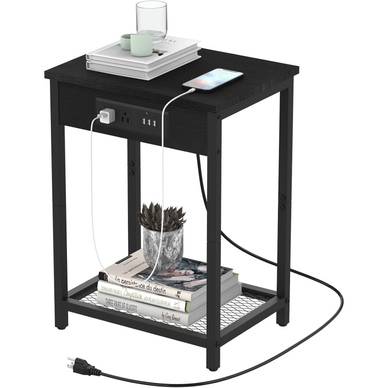 Mesita de noche con estación de carga, mesa auxiliar para dormitorio con puertos USB y tomacorrientes, soporte moderno para