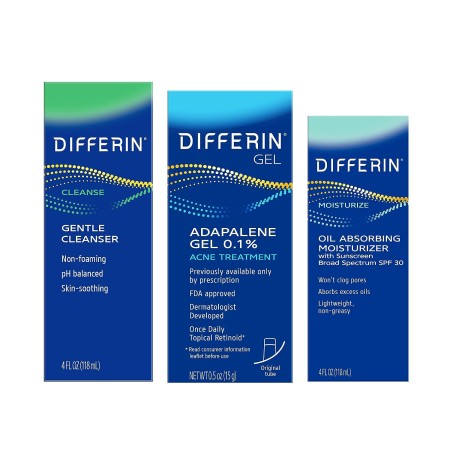 Differin Set de cuidado de la piel, régimen de 3 pasos de gel Differin Gel, tratamiento del acné, protector solar SPF 30 para