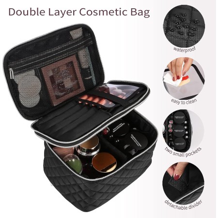 Bolsa de maquillaje de viaje de doble capa: bolsa de cosméticos portátil con estuche organizador divisor para almacenamiento de