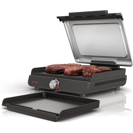 Ninja GR101 Sizzle - Parrilla y plancha para interiores sin humo, platos antiadherentes intercambiables de 14 pulgadas, tapa de