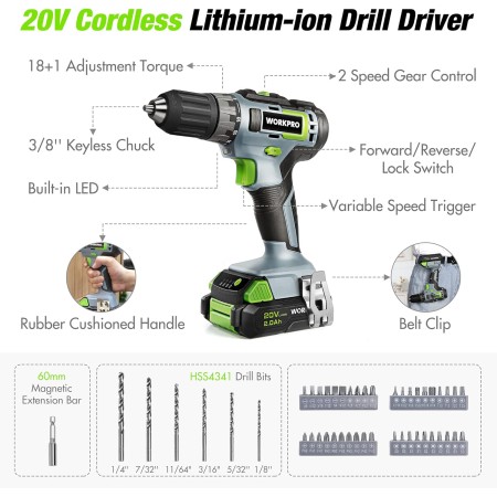 WORKPRO Juego de herramientas para el hogar con taladro eléctrico, 157 piezas con taladro de iones de litio inalámbrico de 20 V,