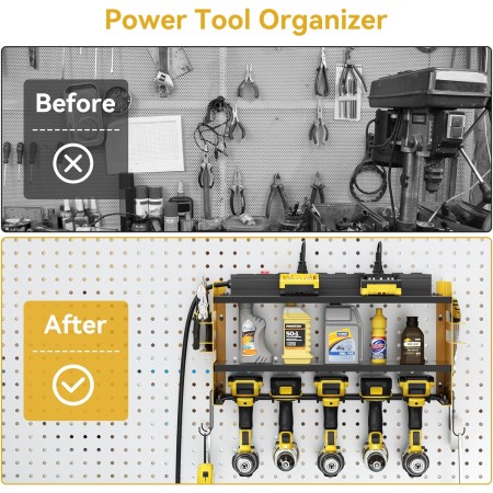 Organizador de herramientas eléctricas con estación de carga, organizador de taladro de garaje, tira de alimentación integrada