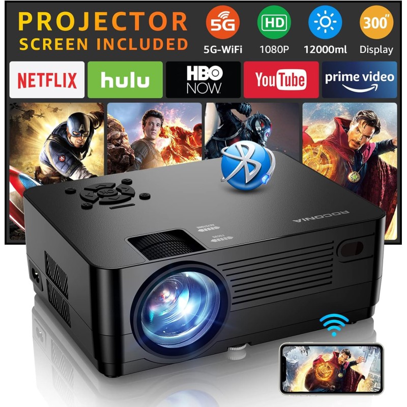 Proyector Roconia WiFi 5G Bluetooth 1080P nativo [incluye la pantalla 300 pulgadas], 9000 LM Full HD, cine en casa 4K,