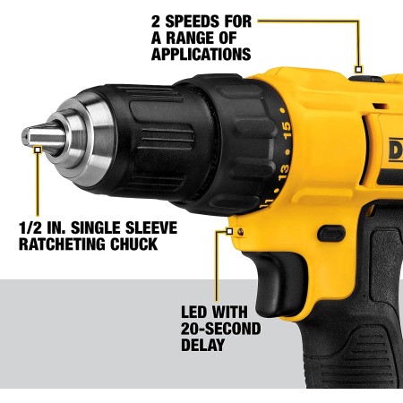 Juego de taladro compacto DeWalt DCD771C2 de 20 vatios, sin cables, de 12 pulgadas