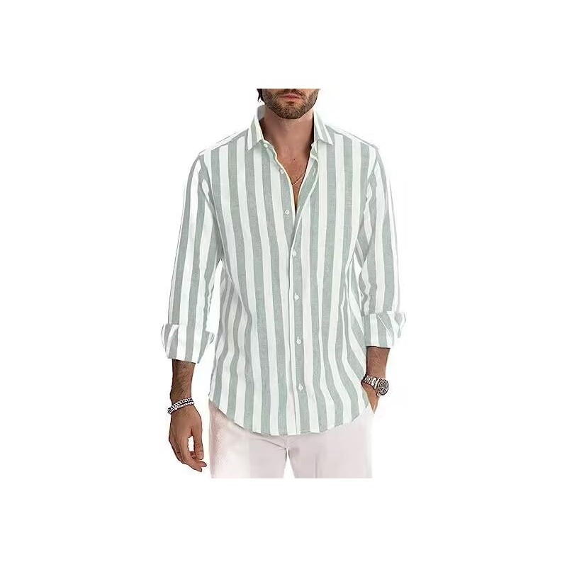 DELCARINO Camisa casual de manga corta para hombre, camisa de lino y algodón con estilo de rayas verticales