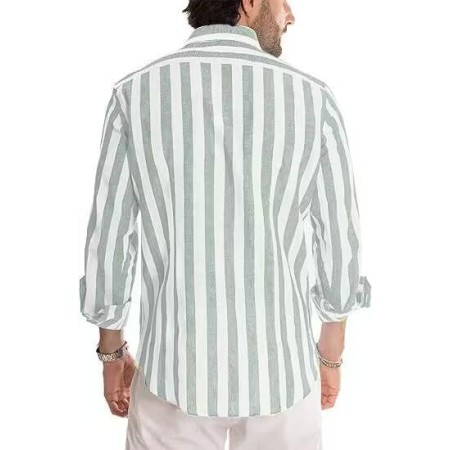 DELCARINO Camisa casual de manga corta para hombre, camisa de lino y algodón con estilo de rayas verticales