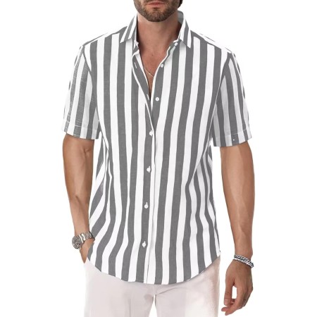 DELCARINO Camisa casual de manga corta para hombre, camisa de lino y algodón con estilo de rayas verticales