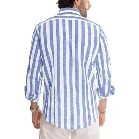 DELCARINO Camisa casual de manga corta para hombre, camisa de lino y algodón con estilo de rayas verticales