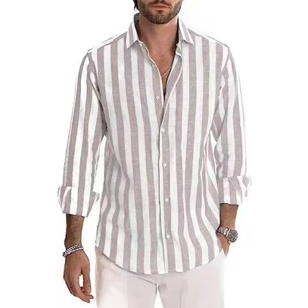 DELCARINO Camisa casual de manga corta para hombre, camisa de lino y algodón con estilo de rayas verticales