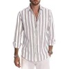 DELCARINO Camisa casual de manga corta para hombre, camisa de lino y algodón con estilo de rayas verticales