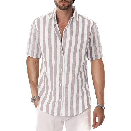 DELCARINO Camisa casual de manga corta para hombre, camisa de lino y algodón con estilo de rayas verticales