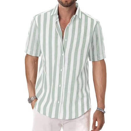 DELCARINO Camisa casual de manga corta para hombre, camisa de lino y algodón con estilo de rayas verticales