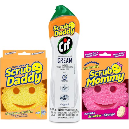Scrub Daddy OG + Scrub Mommy + Cif - Crema de limpieza multiusos, original - Crema de limpieza para el hogar multisuperficie,