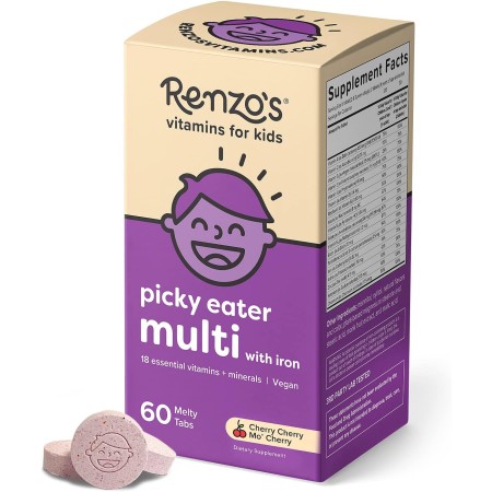 Renzo's Picky Eater - Multivitamínico vegano para niños con hierro, vitamina C y cero azúcar, vitaminas solubles y fáciles de