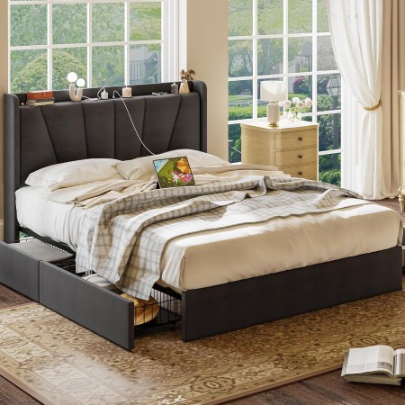 LIKIMIO Base de cama Queen con cabecera tapizada, cama de plataforma con cajones de almacenamiento y tomacorrientes, resistente,