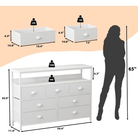 Furologee Soporte de TV para tocador, mesa de sofá con 7 cajones y estantes abiertos de 2 niveles, centro de entretenimiento