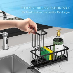 Soporte de esponja negro para fregadero de cocina, organizador de fregadero con soporte alto para cepillos