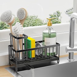 Soporte de esponja negro para fregadero de cocina, organizador de fregadero con soporte alto para cepillos