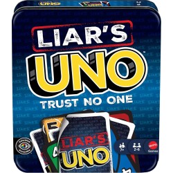 Mattel Games Liar's UNO - Juego de mesa cartas en lata de viaje y almacenamiento para adultos, niños, familias, fiestas y noches