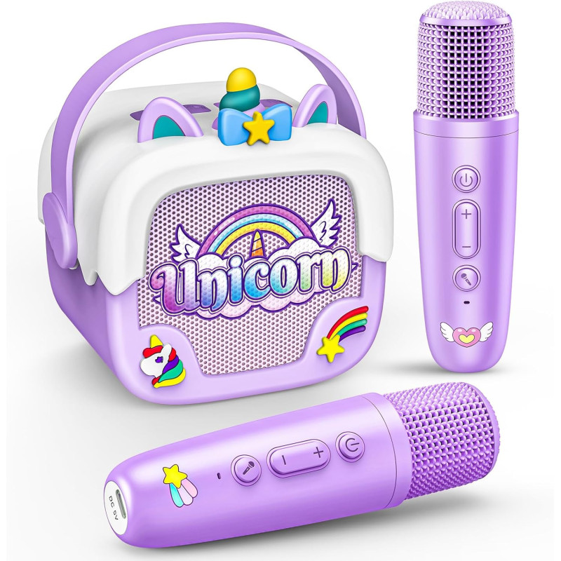 Mini máquina de karaoke para niños y niñas: altavoces Bluetooth portátiles de unicornio con 2 juguetes de micrófono inalámbrico