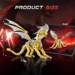 Rompecabeza de dragon metalico 3D para adultos | Color metalico dorado armable con luces led