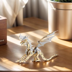 Rompecabeza de dragon metalico 3D para adultos | Color metalico dorado armable con luces led
