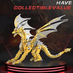 Rompecabeza de dragon metalico 3D para adultos | Color metalico dorado armable con luces led