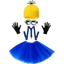 Disfraz de Halloween para mujeres adultas, gafas, gorro amarillo, vestido azul, tirantes/guantes, accesorios de disfraz de Hallo