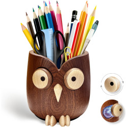 Soporte para bolígrafo de búho de ébano | Soporte de lapices y boligrafos de madera con forma de buho